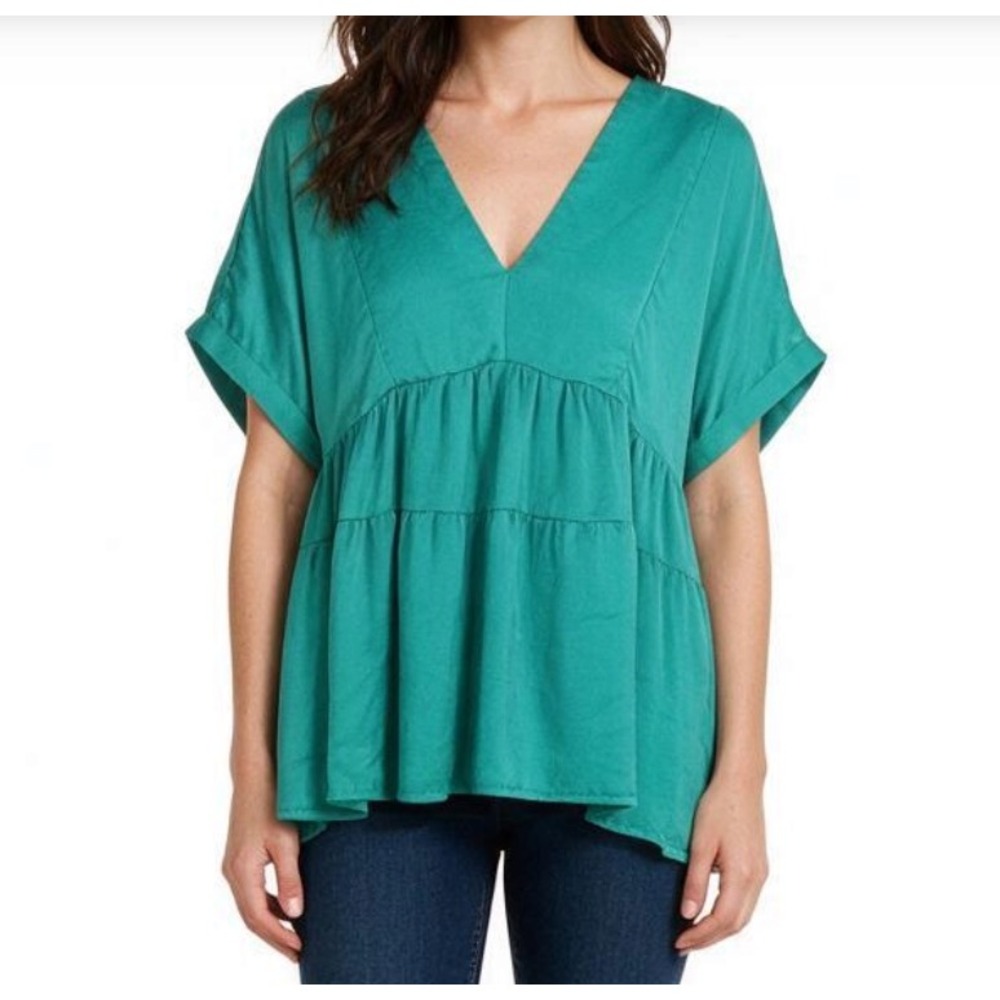 ENTRO Green SATIN V-Neck TIE BACK Cuff Sleeve FLOWY TIERED BLOUSE/TOP Sz S